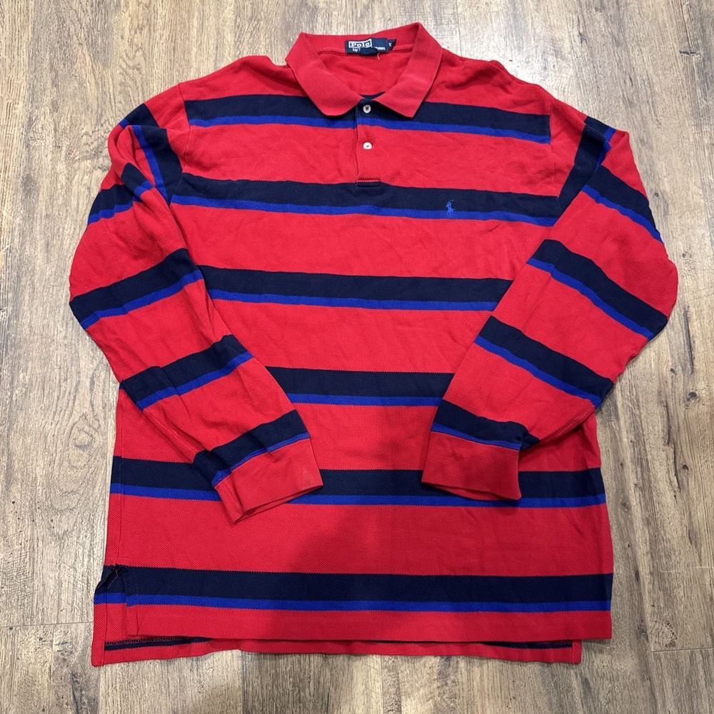 Vintage Polo Ralph Lauren Rugby Polo Shirt Red Navy Striped Long Sleeve XXL